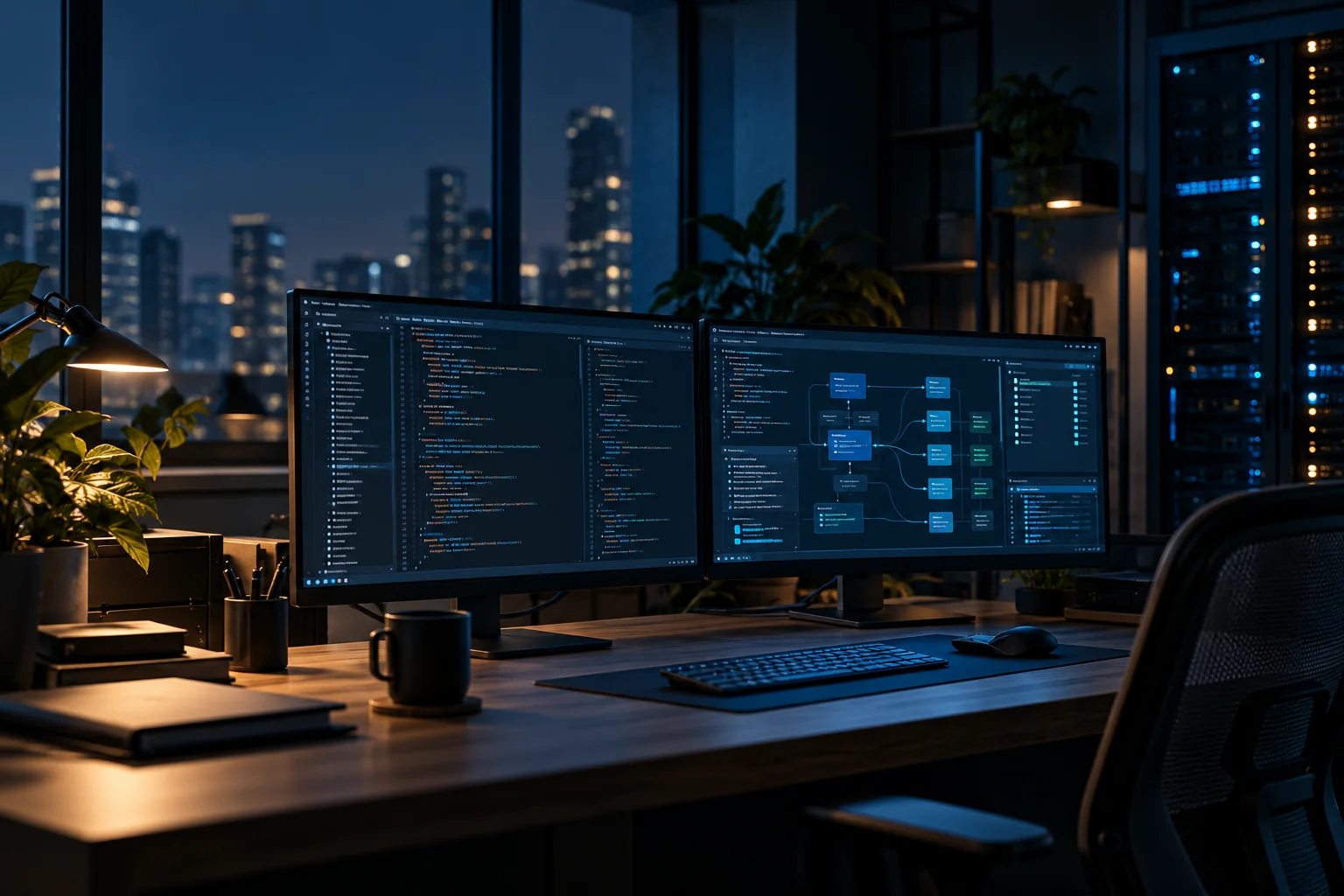 Contemporary software development workspace with dual monitors displaying code and system architecture